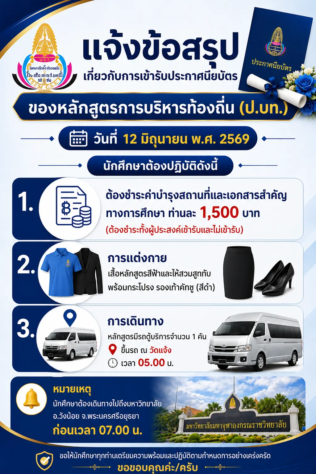 กำหนดการเข้ารับใบประกาศ